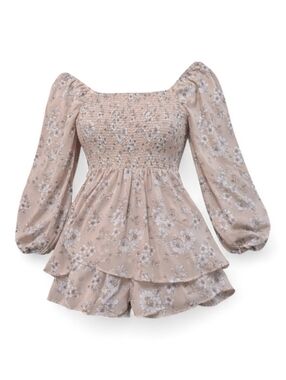 Floral Smocked Off-Shoulder Romper - Tan